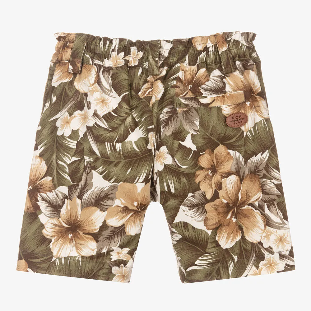 Boys Green & Beige Tropical Print Shorts