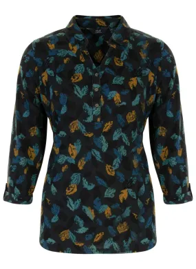 Dark Turquoise Damask Printed Brushed Jersey Blouse
