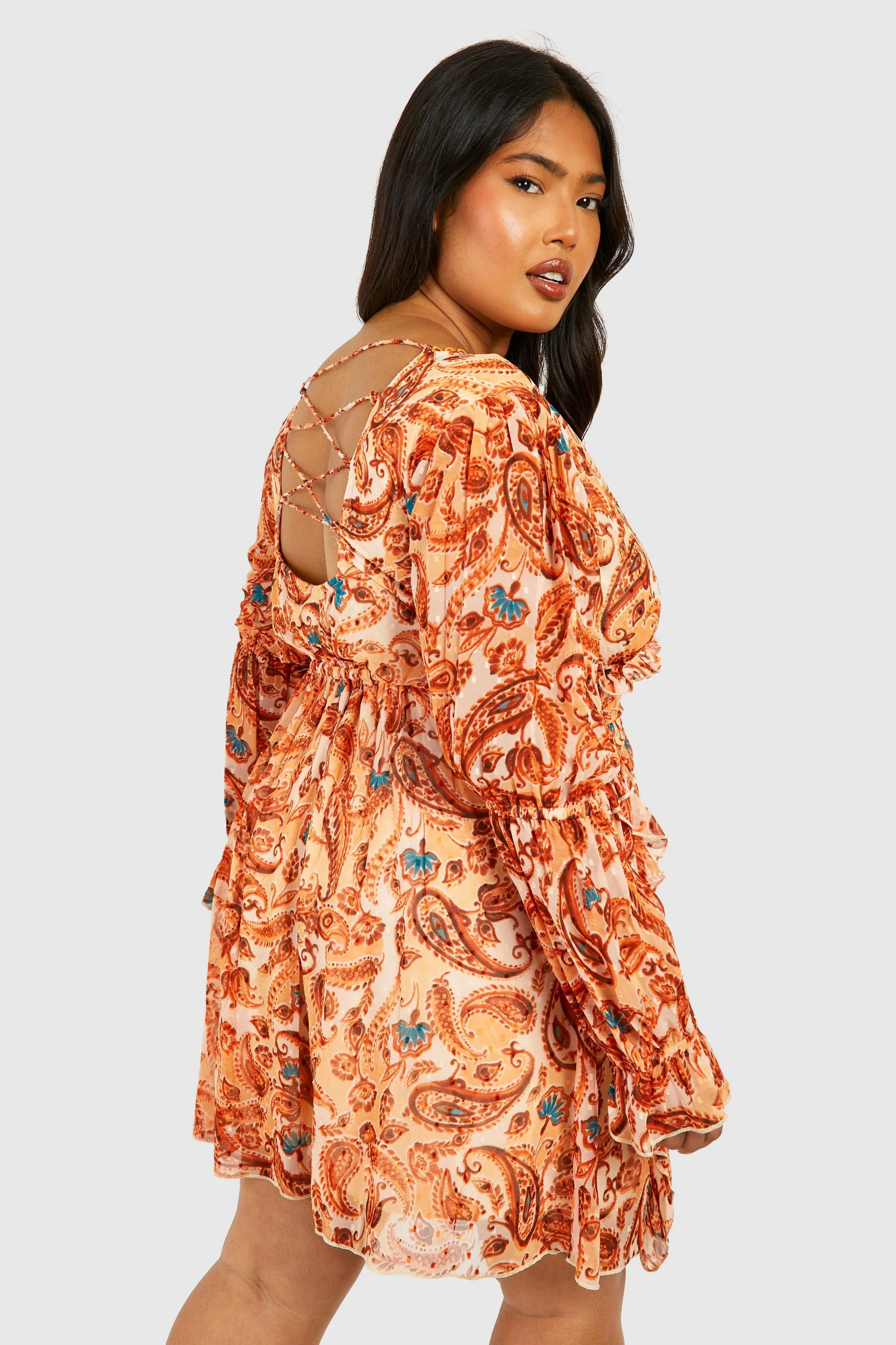 Dresses | Plus Dobby Mesh Paisley Long Sleeve Plunge Mini Dress | boohoo