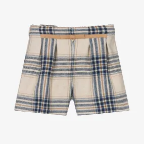 Girls Beige & Blue Check Shorts