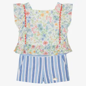 Girls Blue Cotton Floral Shorts Set