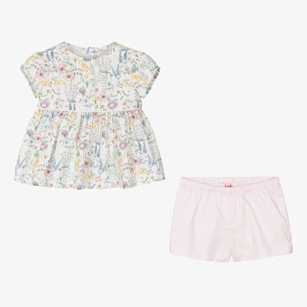 Girls Ivory Floral Cotton Shorts Set