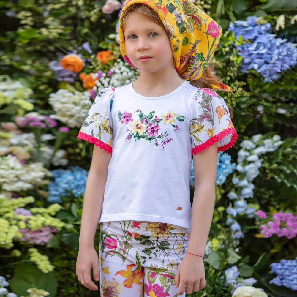 Girls White Botanical Floral Leggings Set