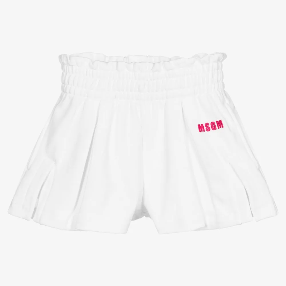 Girls White Cotton Logo Shorts