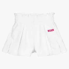 Girls White Cotton Logo Shorts