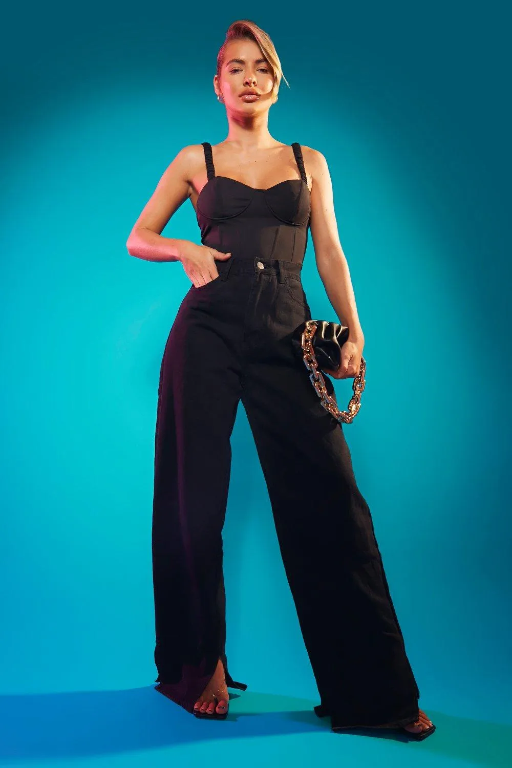 High Rise Double Split Hem Wide Leg Jeans