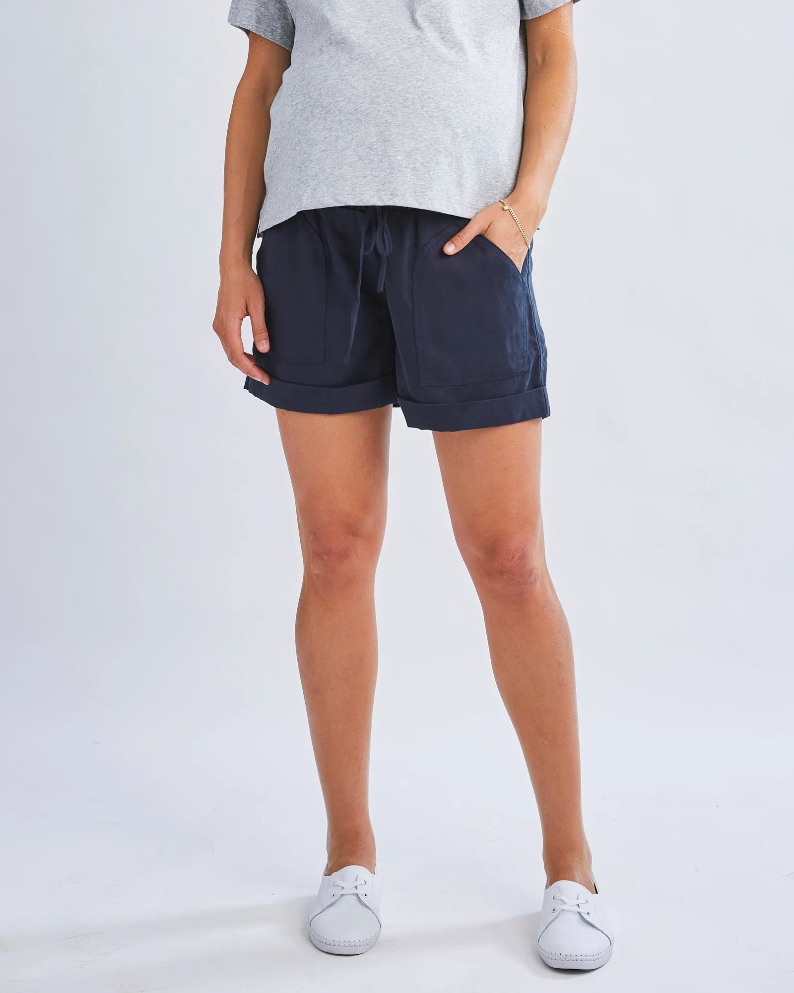 Maternity Denim Tencel  Shorts In Navy & Black