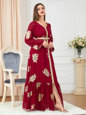 Moroccan Kaftan For Women Fashion Iron Button Belted Party Dresses