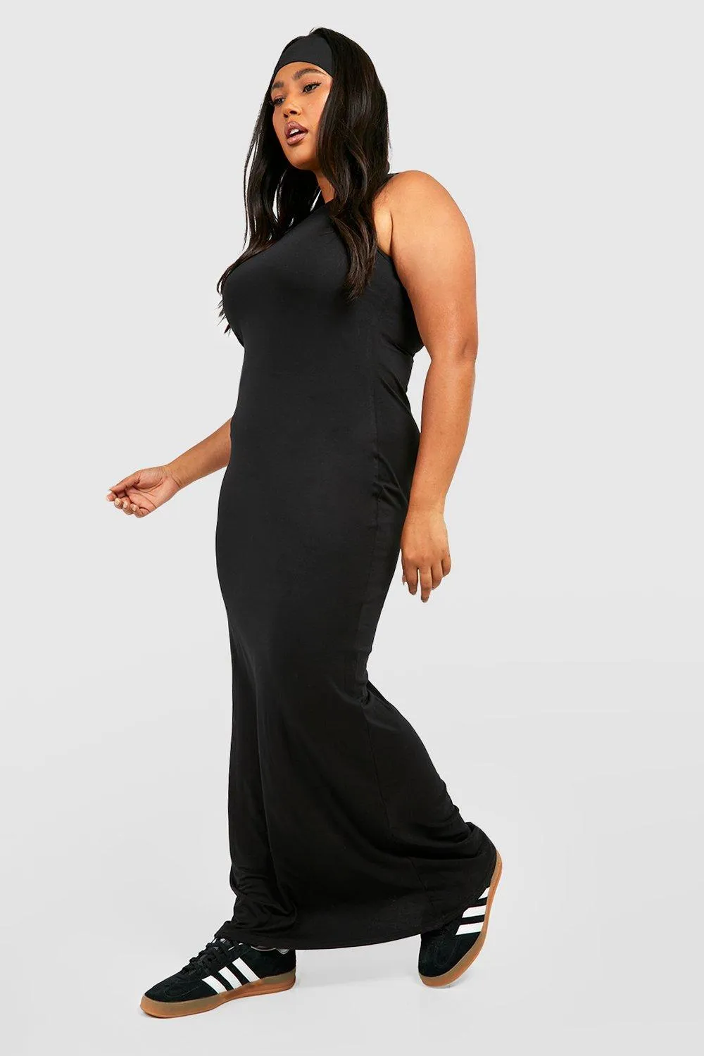 Plus Racer Neck Jersey Knit Maxi Dress