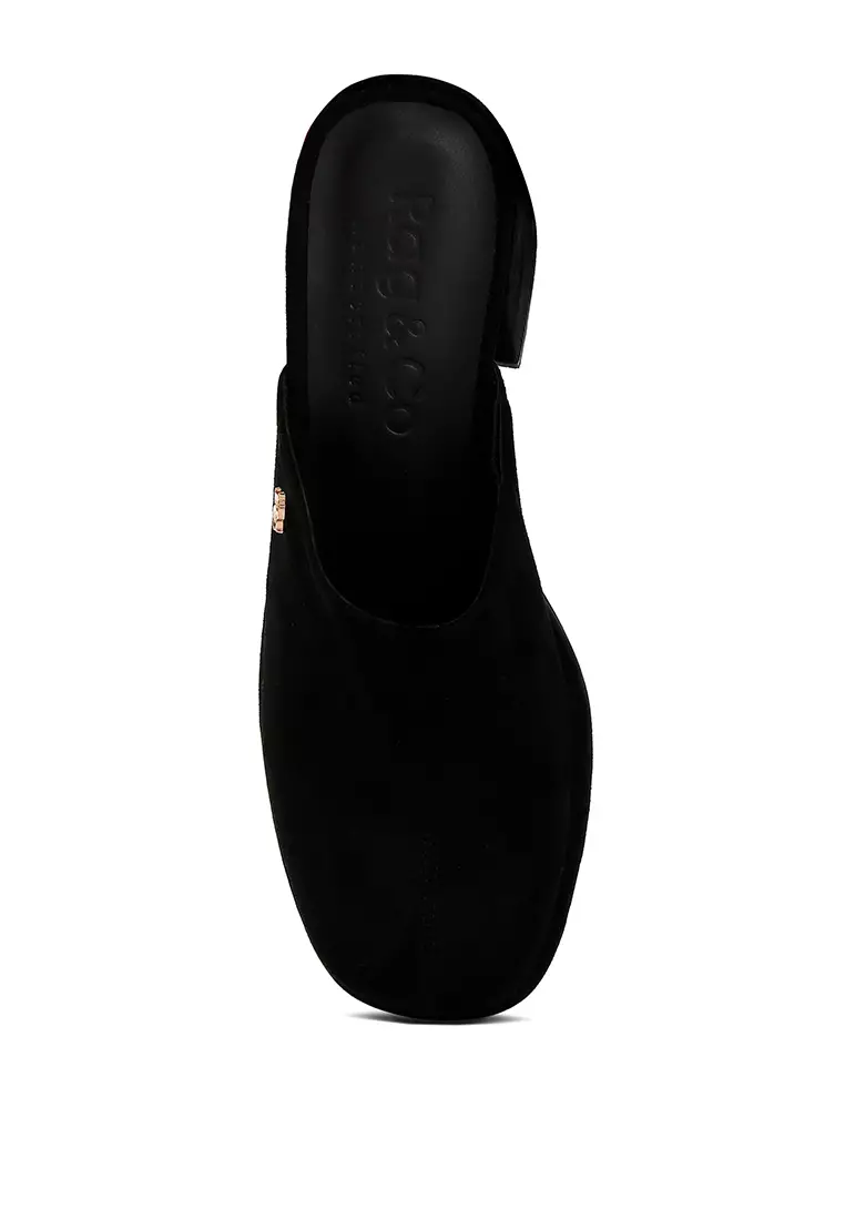Rag & CO. Black Suede Heeled Mule Sandals