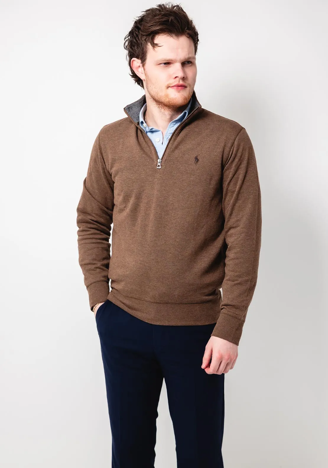 Ralph Lauren Luxury Quarter Zip Jersey Sweatshirt, Brown