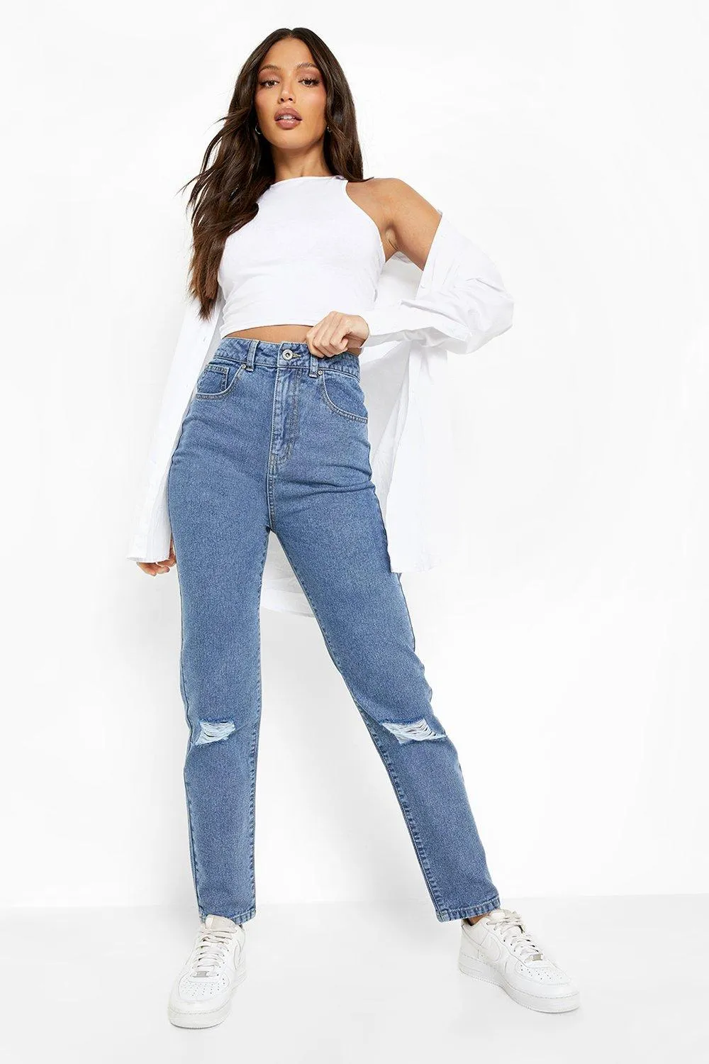 Tall 34\\' Leg High Waist Ripped Mom Jeans